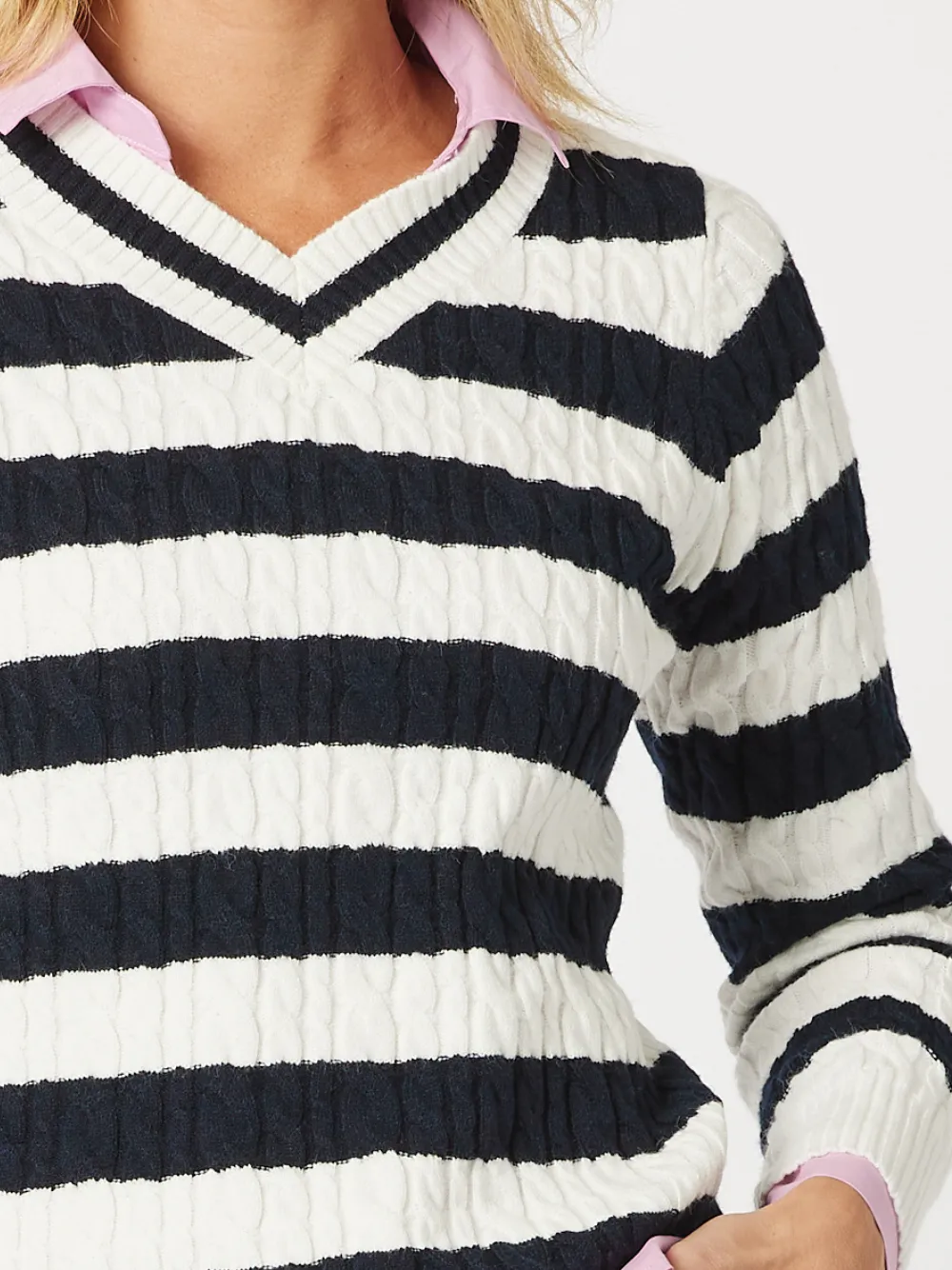 Cindy Stripe V Neck Knit Jumper - Navy